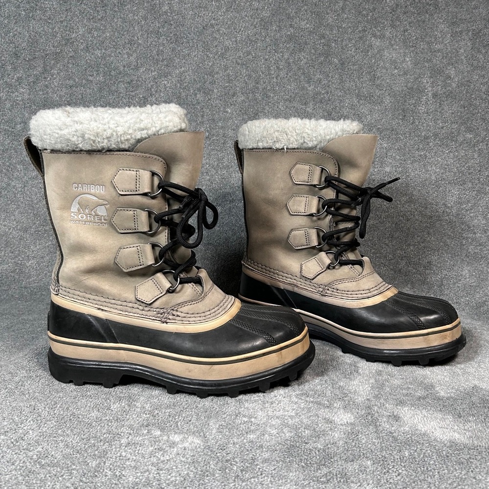 Sorel Caribou Winter Boots Leather Waterproof Insulated Gray Fur Womens 6